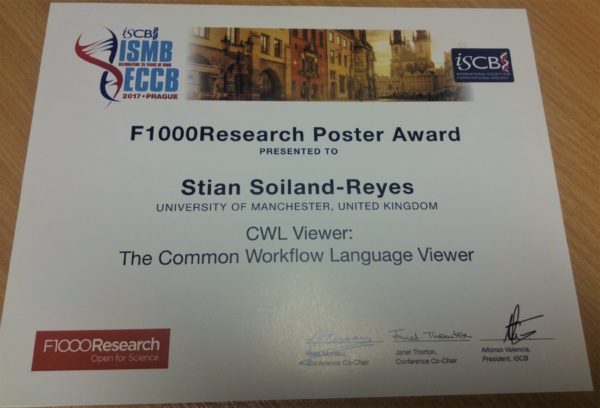 ISMB/ECCB 2017 F1000 Poster Award presented to Stian Soiland-Reyes. CWL Viewer: The Common Workflow Language Viewer