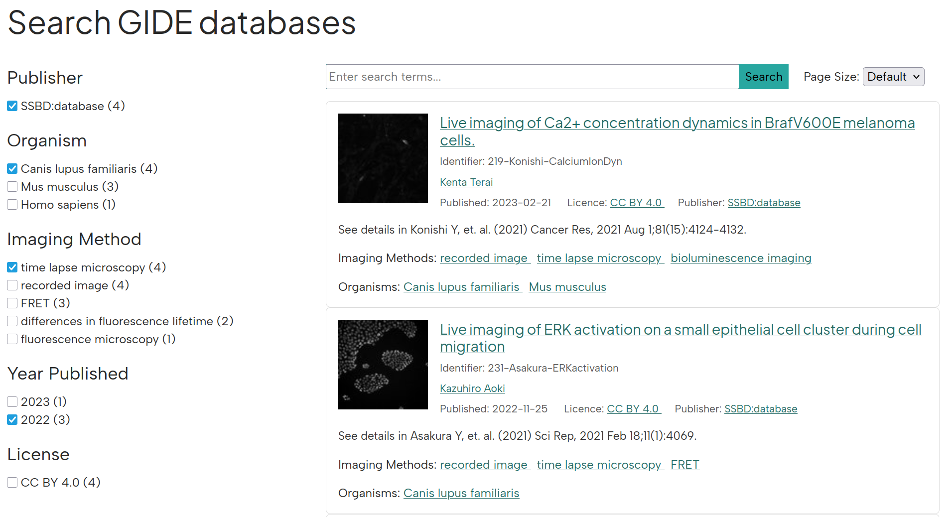 Search in GIDE database, making use of faceted browsing to filter on Publisher, Organism, Imaging method, Year Published