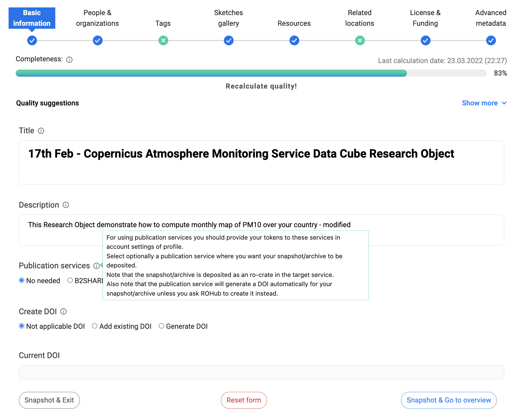 The ROHub interface, showing steps for research object quality at the top with 'Basic information' step selected. A form shows the research object title, description, and choices for which publication service to use and whether to create a DOI