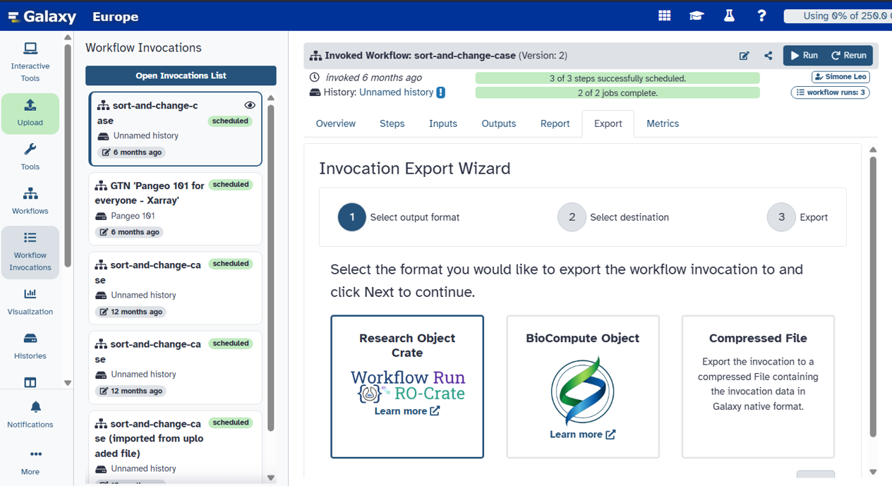 Screenshot of a Galaxy workflow invocation with the Export tab selected. Workflow Run RO-Crate is selected as the output format.