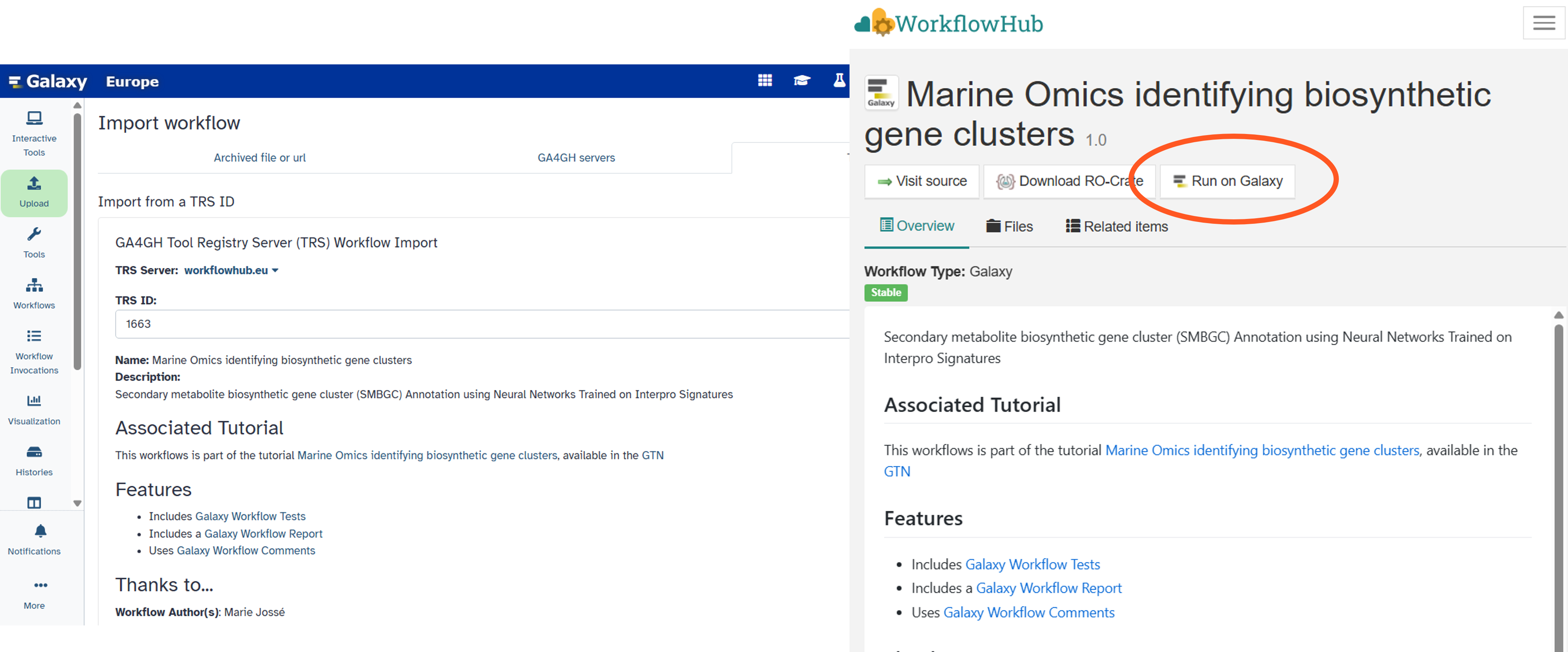Two screenshots, the first shows the Galaxy workflow import page configured to import from WorkflowHub, the second shows a WorkflowHub workflow page with a 'Run in Galaxy' button circled.
