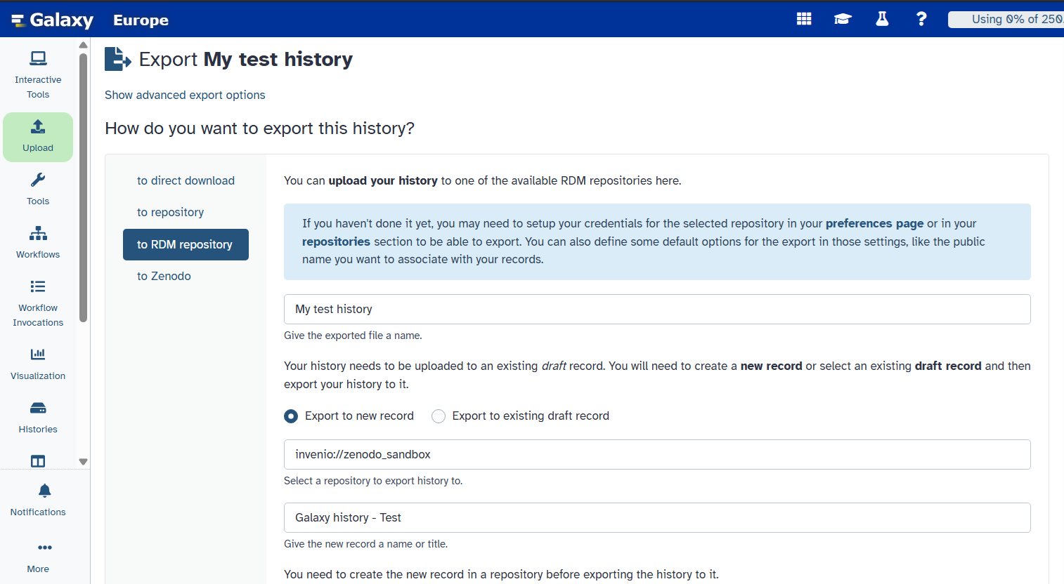 Galaxy history export view configured to publish to Zenodo with the file name 'My test history'