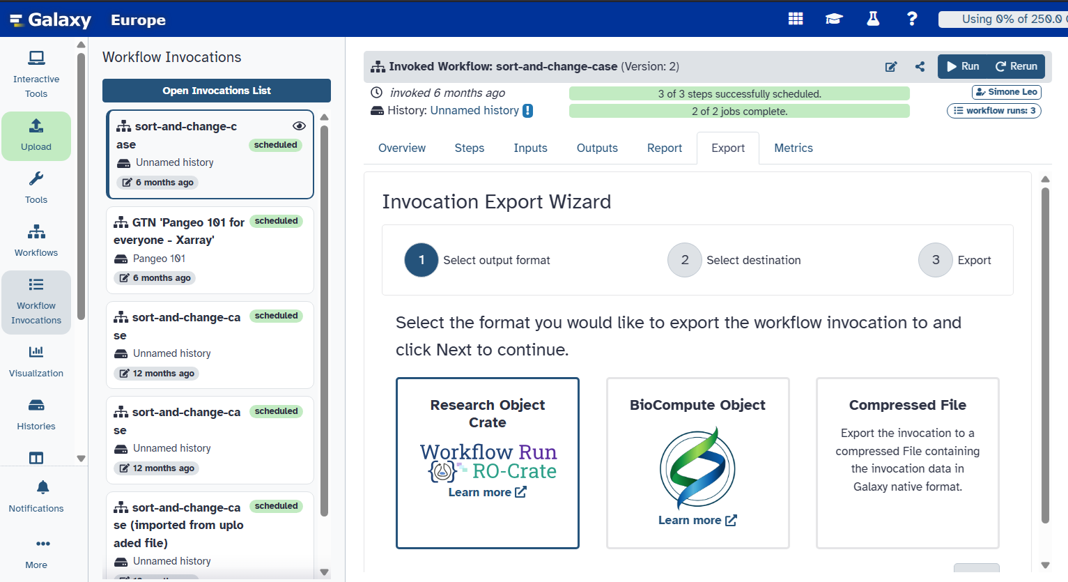 Galaxy workflow invocation export page with Workflow Run RO-Crate selected as the output format
