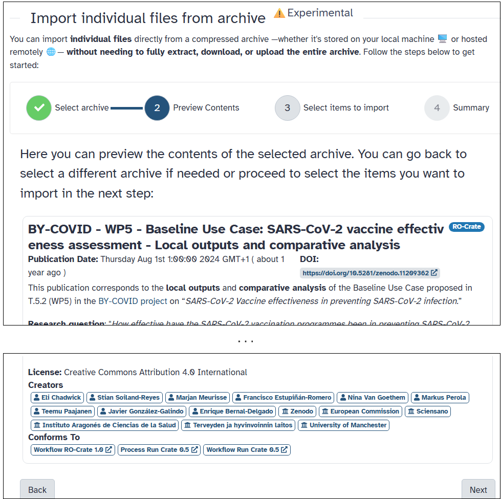 Galaxy ZIP explorer showing dataset title, publication date, DOI, description, license, creators, institutions, and RO-Crate profiles.