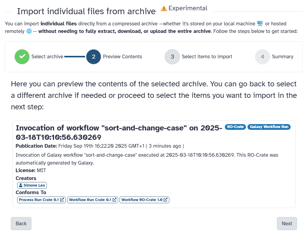 Galaxy ZIP explorer showing RO-Crate metadata from the workflow invocation which was exported earlier. It is tagged with 'Galaxy Workflow Run' as well as 'RO-Crate' in the interface. The metadata says it was automatically generated by Galaxy and includes both the timestamp of the invocation and the timestamp of publication.